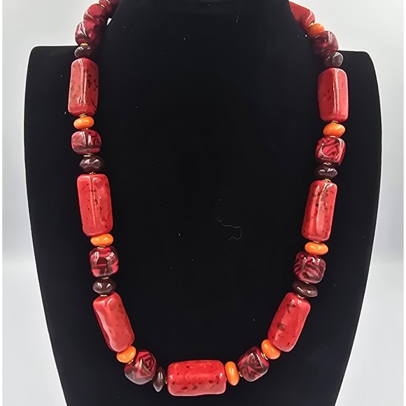 Estate Jewelry - Vintage Blood Orange Red Glass Peking Trade Bead Necklace